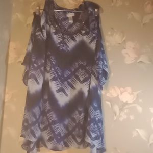Catherines Tunic Cold Shoulder Sheer Beaded Blue Blouse